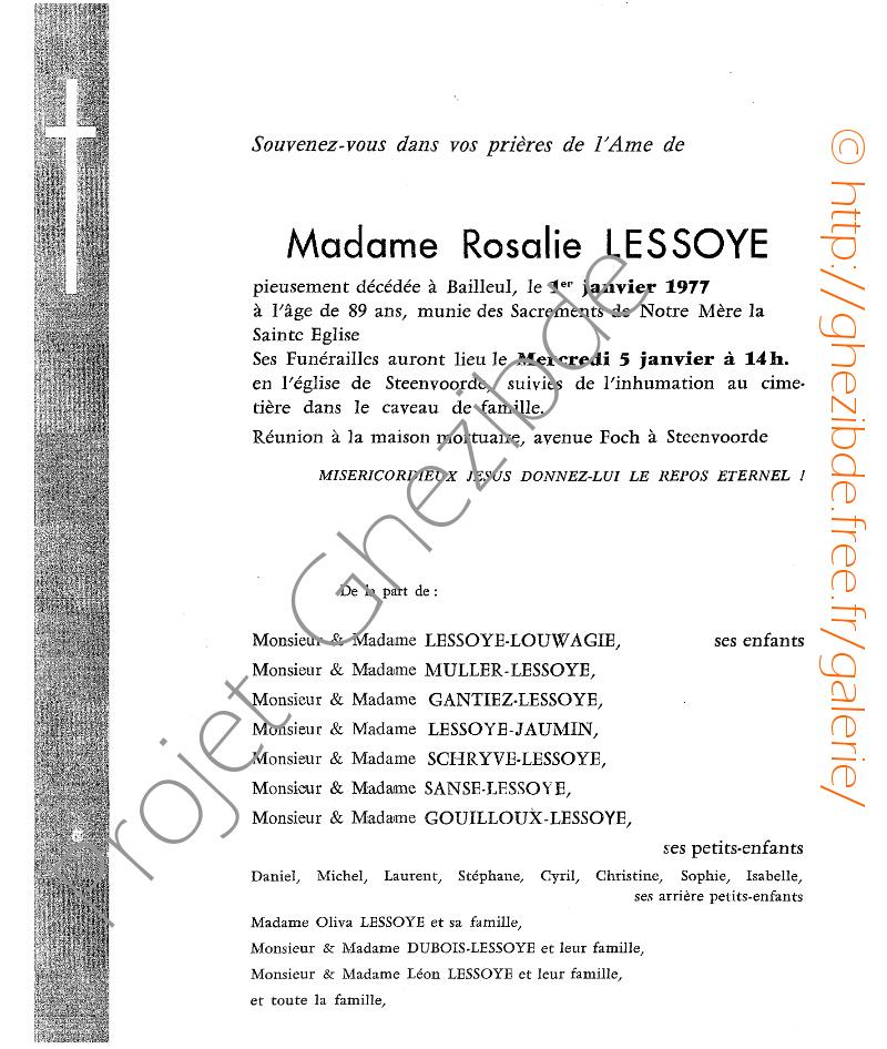 Rosalie LESSOYE, décédée à Bailleul, le 01 Janvier 1977 (89 ans).